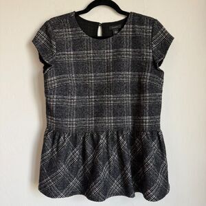 Halogen Size Small Black & Grey Plaid Wool Blend Peplum Top Academia Old Money